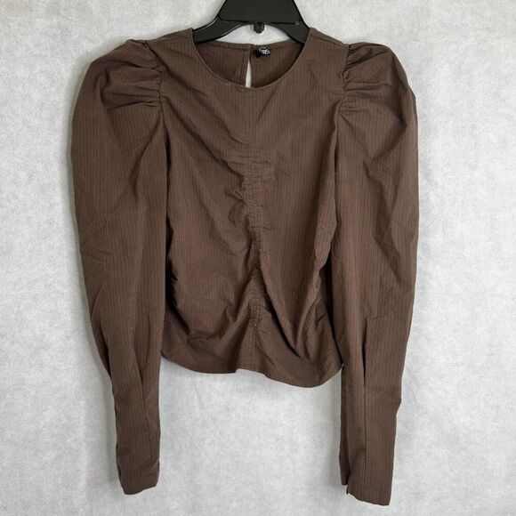 Pieces Brown Puff Shoulder Long Sleeve Scoop Neck Ruched Top Sz SM - Picture 10 of 10